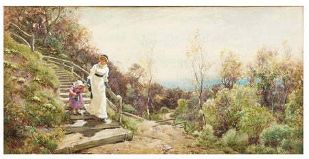 THOMAS JAMES LLOYD Inghiltera 1849 - 1910 Paesaggio con donna e bambino, 1880...