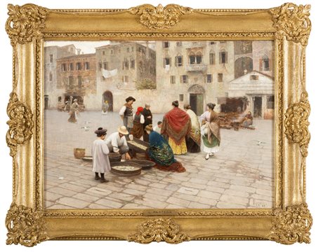 LUIGI PASTEGA Venezia 1858 - 1927 Fruttivendole a Venezia Olio su tela cm 42...