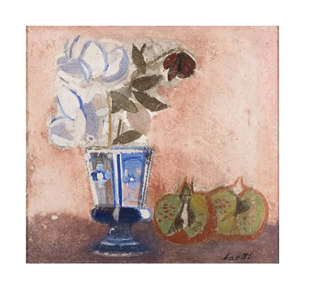 BRUNO SAETTI 1902 - 1984 Rose bianche nel bicchiere blu, 1969 Affresco cm 35...