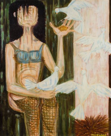 GIUSEPPE MIGNECO (1908-1997)Donna con le colombe, '60 Olio su telaCm...
