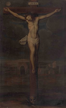 Pittore emiliano, Cristo in croce, fine XVI secolo Olio su rame, 36 x 22 cm....