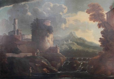 Ambito di Jan Frans van Bloemen, Paesaggio con borgo e tempietto, fine XVII...