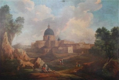 Ambito di Jan Frans van Bloemen, Paesaggio con la basilica di San Pietro,...