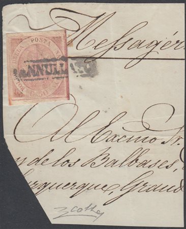[NAPOLI] 1858 50g. rosa lillaceo, ben marginato su frammento di lettera per...