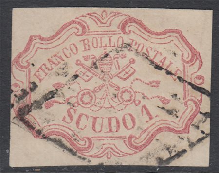 [STATO PONTIFICIO] 1852 1 scudo rosa carminio, annullato con griglia di Roma....