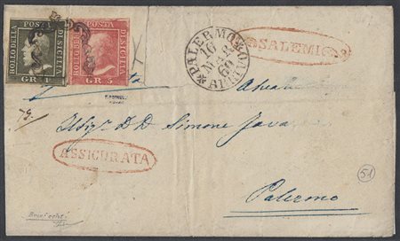 [SICILIA] 1860 (16 mar.) Lettera assicurata da Salemi (in rosso) a Palermo,...