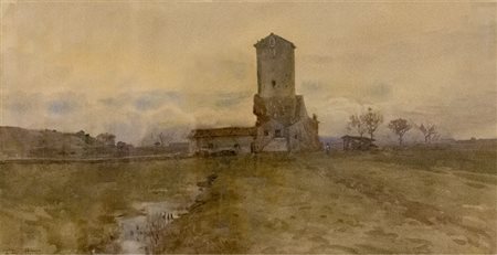 Filippo Anivitti ( Roma 1876 – 1955 ), Torre Salaria. Acquarello su carta di...
