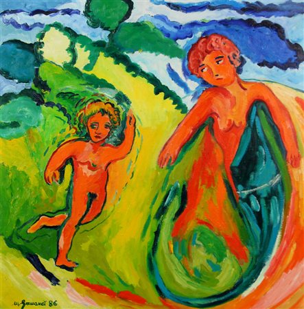 Mimmo Germanà, Fauni sul Campo di Grano, 1986, olio su tela, cm. 90x90,...