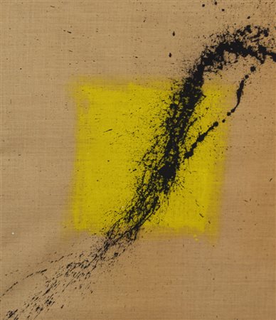 Chandà Tun, Yellow and Black, 2012, acrilico su tela di juta, cm. 75x66,...