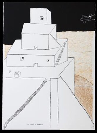 Ettore Sottsass, La Torre di Babele, litografia su carta, cm. 70x50, es....