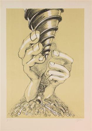 Tino Vaglieri, Composizione con mani e oggetti, (1980 circa), litografia su...