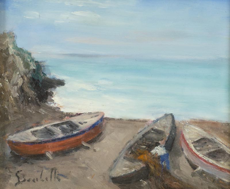 Gaetano Bocchetti (Napoli 1888 1990) Barche sulla spiaggia Olio su  tavola,, Fabiani Arte