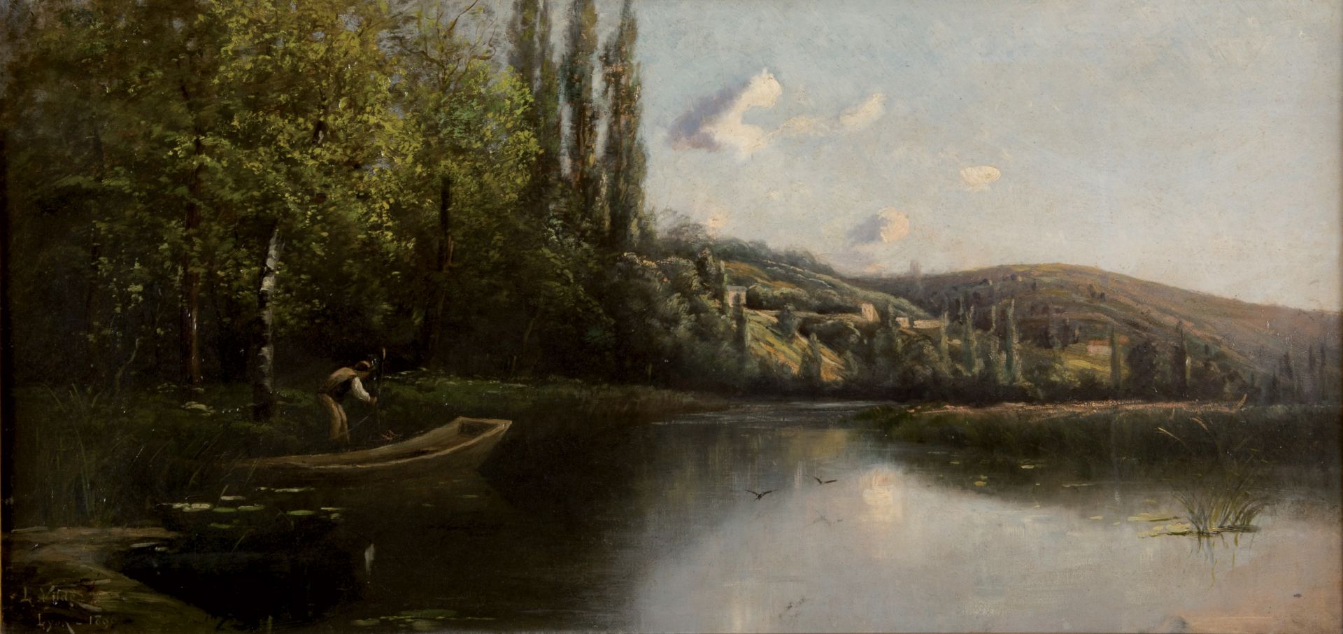 PITTORE FRANCESE XIX SECOLO Il lago 1890 Olio su tela cm 46 x 94