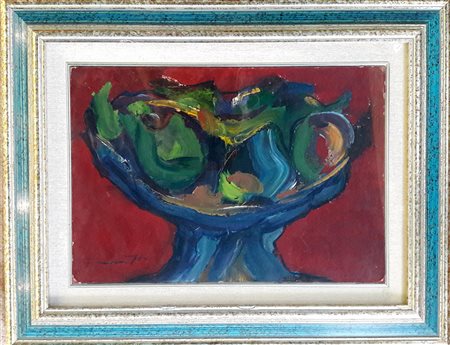 Adriano Tuninetto " Vaso con frutta" - 1960 ca.- Olio su cartone - cm 25x36 -...