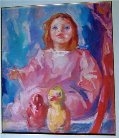 Mario Micheletti "Bambina con papera"- Olio su tela - cm 70x80 - Firma in...