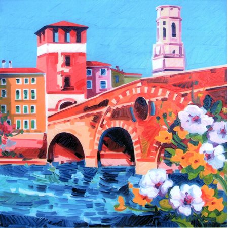 Athos Faccincani "Ponte Pietra e riflessi" - 2010 - Olio su tela - cm 40x40 -...