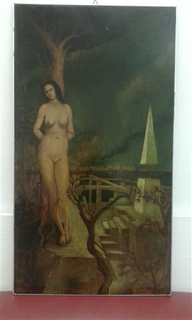 Ovidio Melis “La piramide” - 1982 - Olio su tavola - cm. 73x40 - Autentica e...