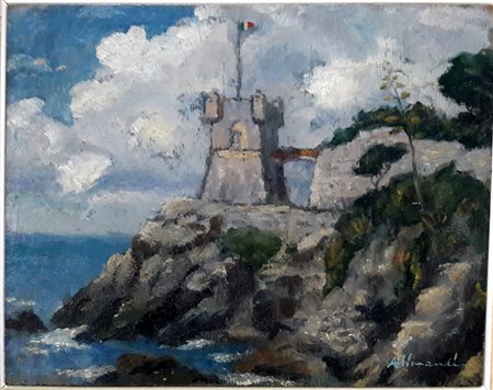 Enrico Allimandi "Torre sul mare" - 1950 ca. - Olio su tavola - cm. 27x35 -...