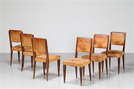 SCREMIN LUIGI (1896 - 1983) Sei sedie in legno di noce rivestite in pelle,...