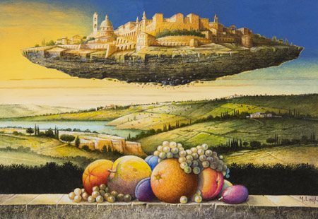 Mario Logli (Urbino 1933 ) Urbino in volo Olio su tela, cm. 50x70 Firmato in...