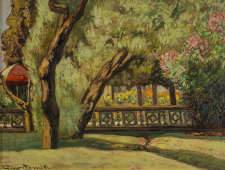 Gino Romiti (Livorno 1881 1967) Giardini Ardenza Olio su faesite, cm. 30x40...