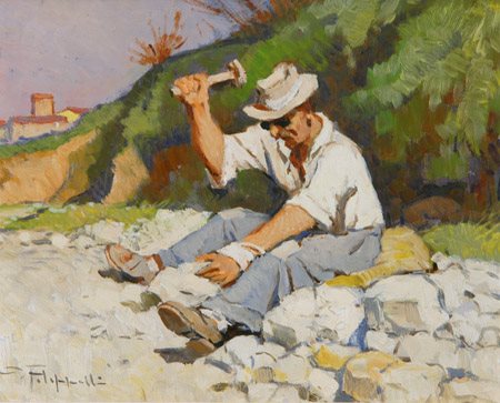 Cafiero Filippelli (Livorno 1889 1973) Lo spaccapietre Olio su faesite, cm....