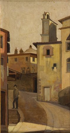 Raffaello Gambogi (Livorno 1874 Livorno 1943) Scorcio di paese con figure...