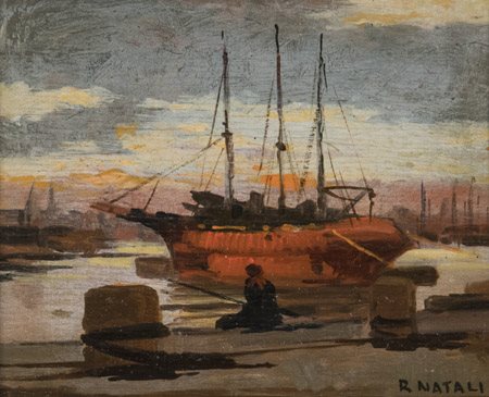 Renato Natali (Livorno 1883 1979) Pescatore al molo Olio su tavola, cm....