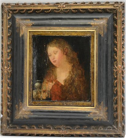 Ignoto "Figura femminile" antico dipinto ad olio su tavola (cm 29x25) in...