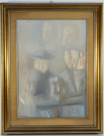 Firma indecifrata "Personaggi" 1972, olio su tela (cm 70x50) firmato in basso...