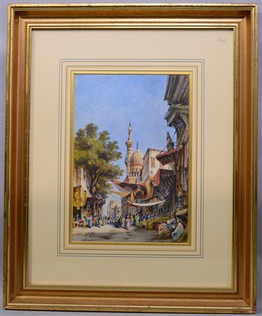 G. Carelli "Mercato al Cairo con moschea" Acquerello (cm 36x25) Firmato in...