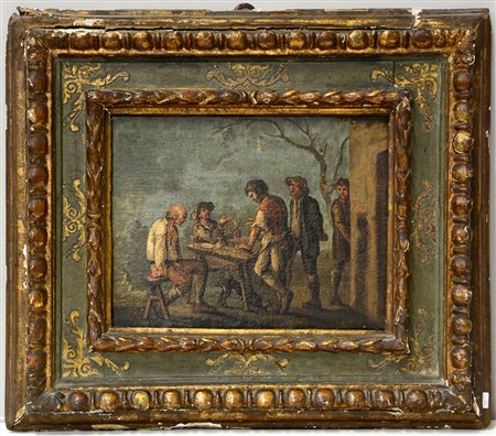 Scuola emiliana "Scena popolare all'aperto" olio su tela (cm 32x41) in...