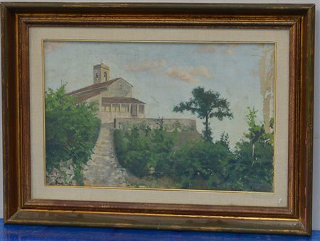 Firma indecifrata "Paesaggio con chiesa" olio su cartone telato (cm 26x40)...