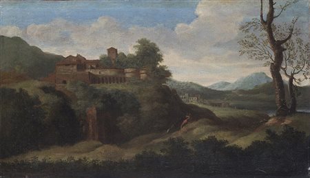 Scuola del secolo XVIII "Paesaggio" olio su tela (cm 28,5x48,5)In cornice antica