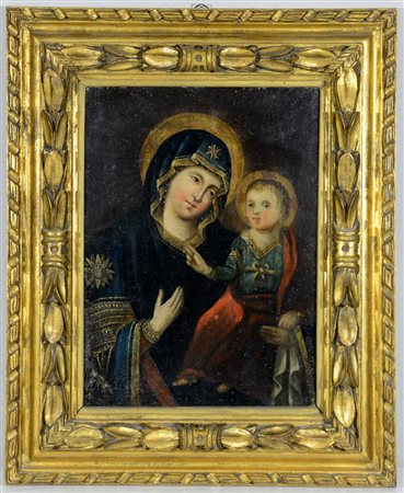 Antico dipinto raffigurante Madonna con Bambino, olio su cartone pressato (cm...