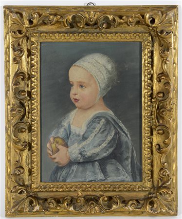 Ignoto "Bambino con frutto" olio su compensato (cm 24x19). In cornice (lievi...