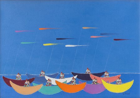 WALTER POZZI (1911-1989) Regata di innamorati, '70 Olio su tela cm 50X70...