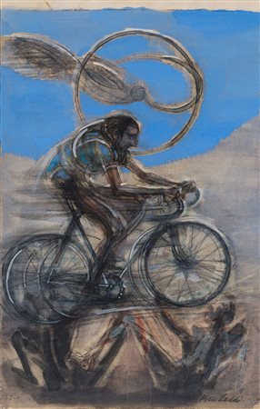 PIERO LEDDI (1930) Fausto Coppi, 1995 Tecnica mista su carta cm 50x30 Firma e...