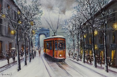 FRANCESCO GRASSI (1940) Tram rosso con nevicata Olio su tela cm 40x60 Firma...