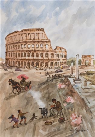 GIULIO FALZONI (1900-1978) Roma - Il Colosseo Acquerello su compensato cm...