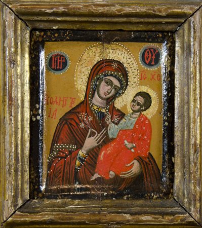 Piccola icona greco-dalmata dipinta su tavola raffigurante Madonna con...