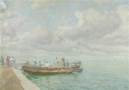 Guido Grimani Trieste 1871-1933 "Pescatori in partenza" cm. 55x78 - olio su...