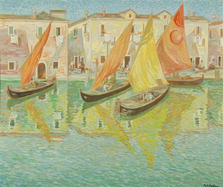 Imre de Bolcskej 1892-1955 "Barche in laguna" cm. 50x60 - olio su tavoletta...