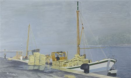 Flavio Cimador Trieste 1940 "Rientro dalla pesca" cm. 60x100 - olio su tela...