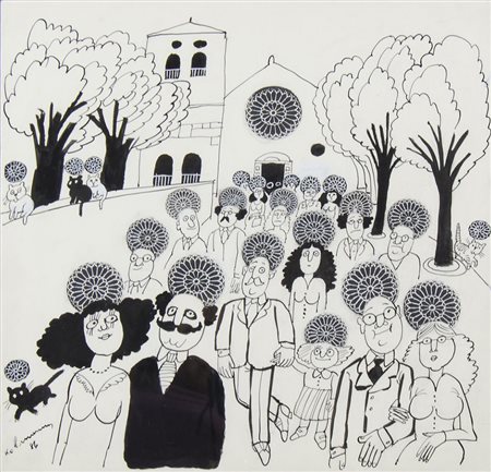 Renzo Kollmann 1920-2005 "Domenica a San Giusto" cm. 34x35 - tecnica mista...