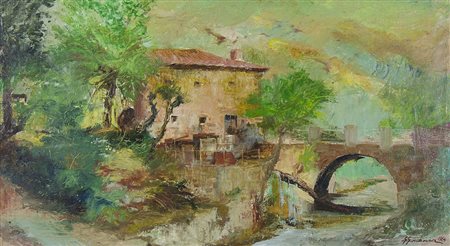 Guglielmo Grubissa Pola 1908-Trieste 1983 "Campagna con ponte" cm. 53x97 -...