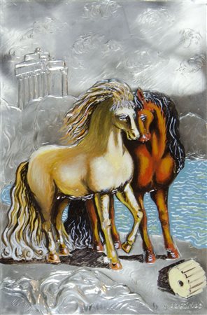 Giorgio de Chirico Volos 1888-Roma 1978 "Divini cavalli di Achille" cm. 29x20...