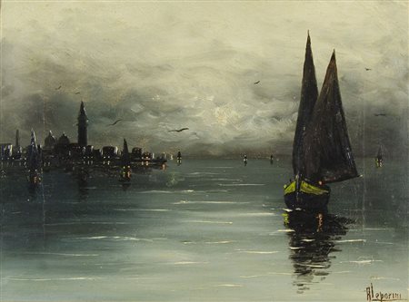 Leporini "Venezia di sera" cm. 32x44 - olio su tela Firmato b. a d.Il...