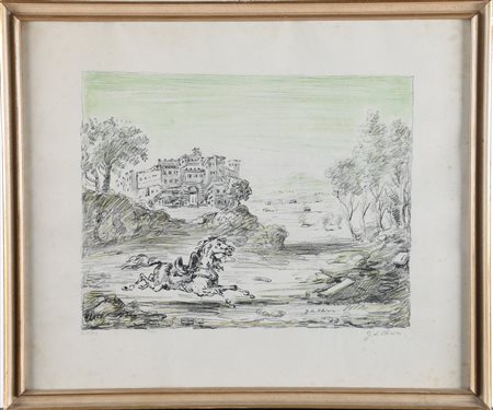 DE CHIRICO GIORGIO (1888 - 1978) Cavalli e ville. Litografia. Cm 48,50 x...