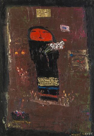 Fateh Moudarres SENZA TITOLO (FIGURA CON FIORI) - Olio su tela, cm 49x34,...
